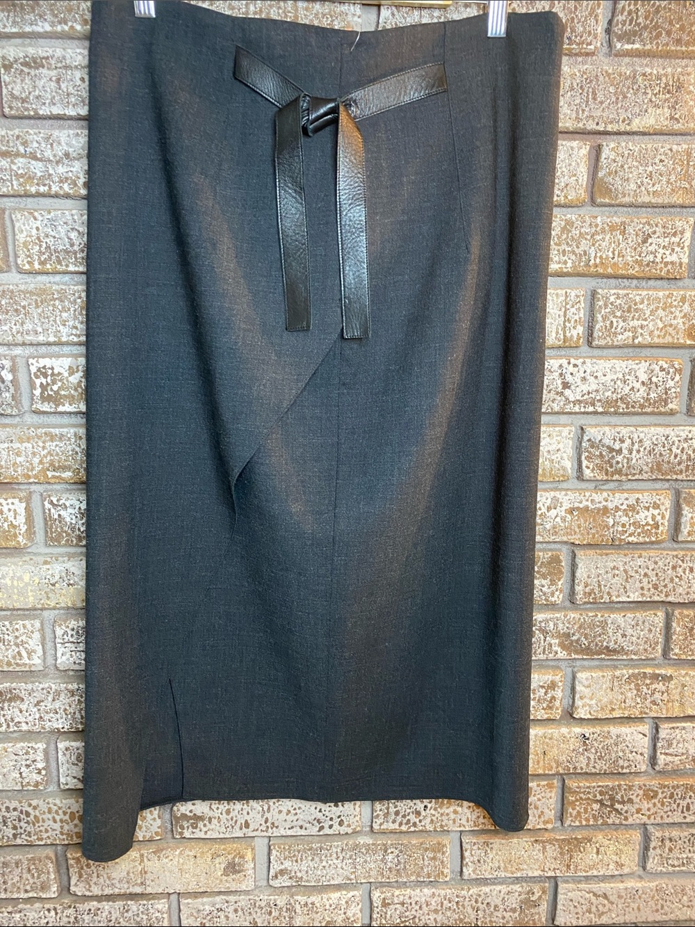 NWT Luxury Dennis Merotto Women's Black Midi Skirt with Leather Front Tie Detail